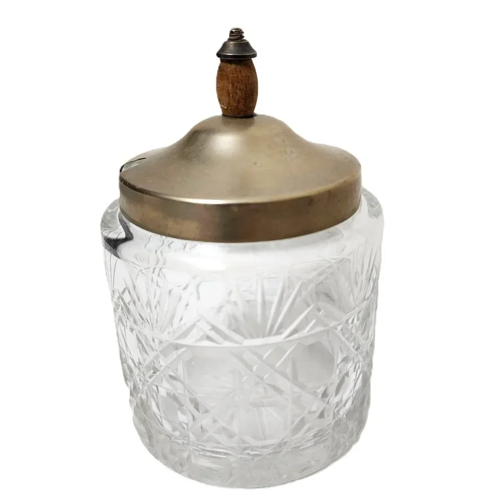 Sugar Cube Crystal Cut Glass Jar EPNS w/Metal & Wood Pull Lid RARE Antique